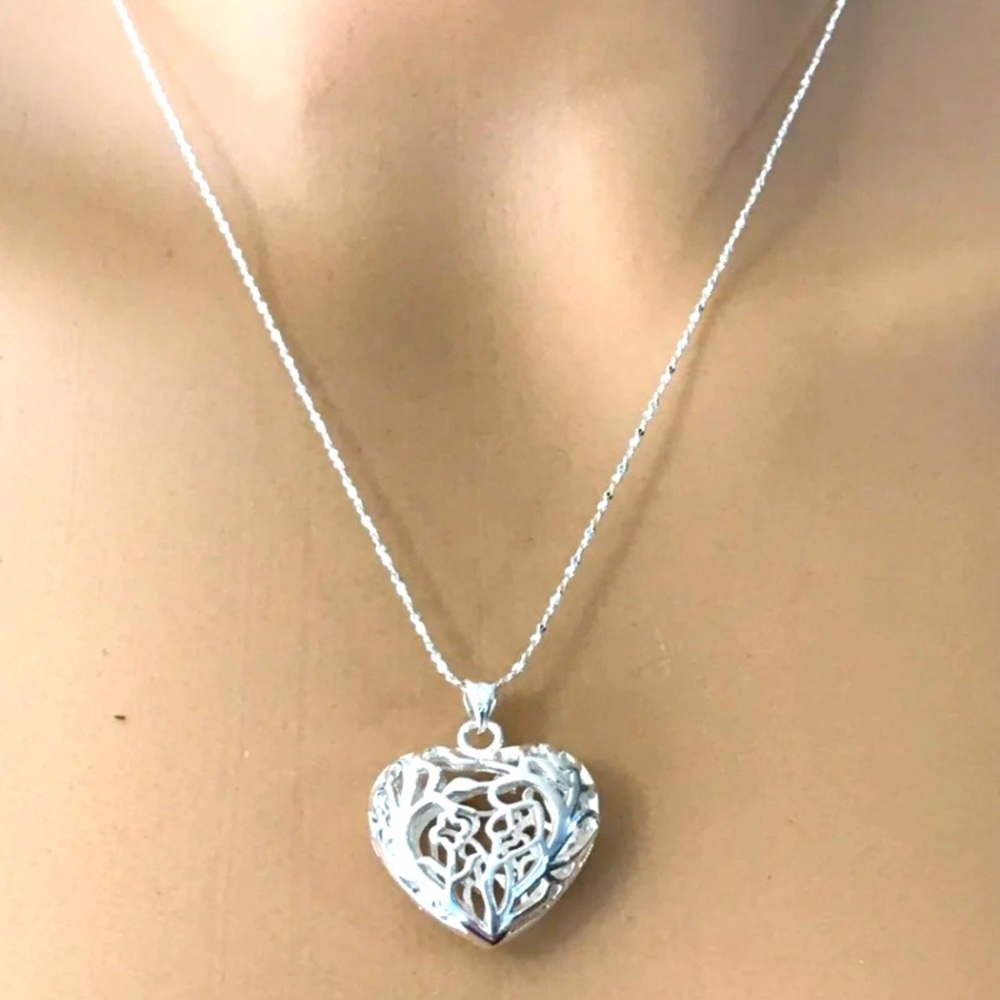 Sterling etched Heart Necklace on 18” sterling chain